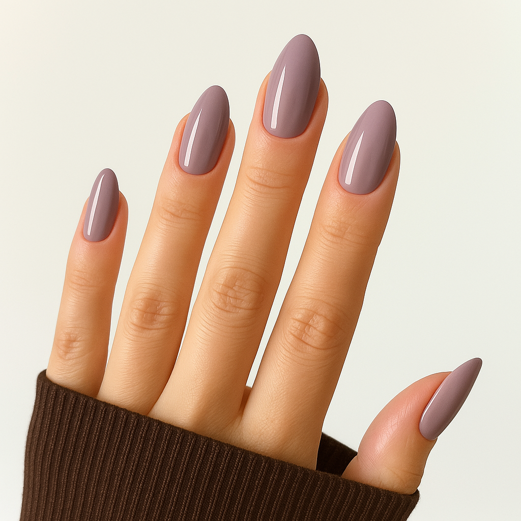 Dusty Mauve – Dimmauve / mjukt lila-grått gellack / gel polish på modellhand – Salongskvalitet UV/LED-nagellack – Mandel-formade naglar