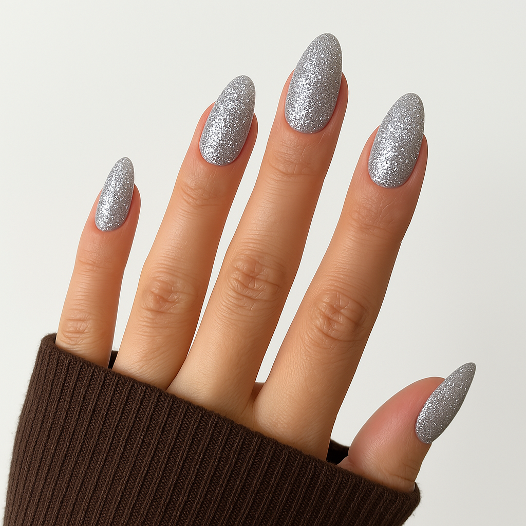 Silverglitter – Elegant silverglitter med metallisk finish / polygel på modellhand – Salongskvalitet UV/LED-polygel – Mandel-formade naglar