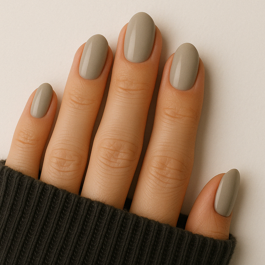 Elegant taupe – Mjuk beigebrun nyans med balans mellan värme och svalhet / polygel på modellhand – Salongskvalitet UV/LED-polygel – Mandel-formade naglar