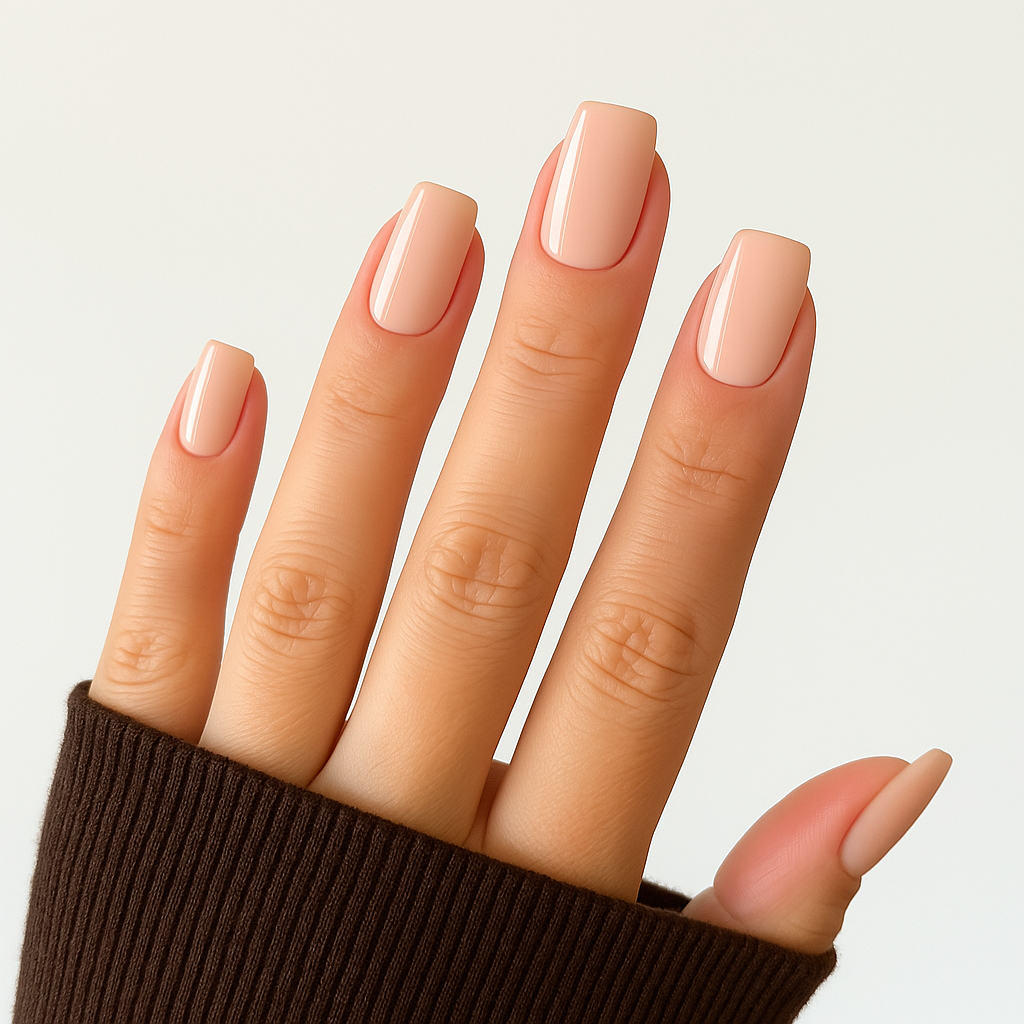 Neutral – Elegant, varm neutral ton som ger en sofistikerad och polerad look / dipping-pulver-powder-akryl-pulver på modellhand – Salongskvalitet material – Mandel-formade naglar