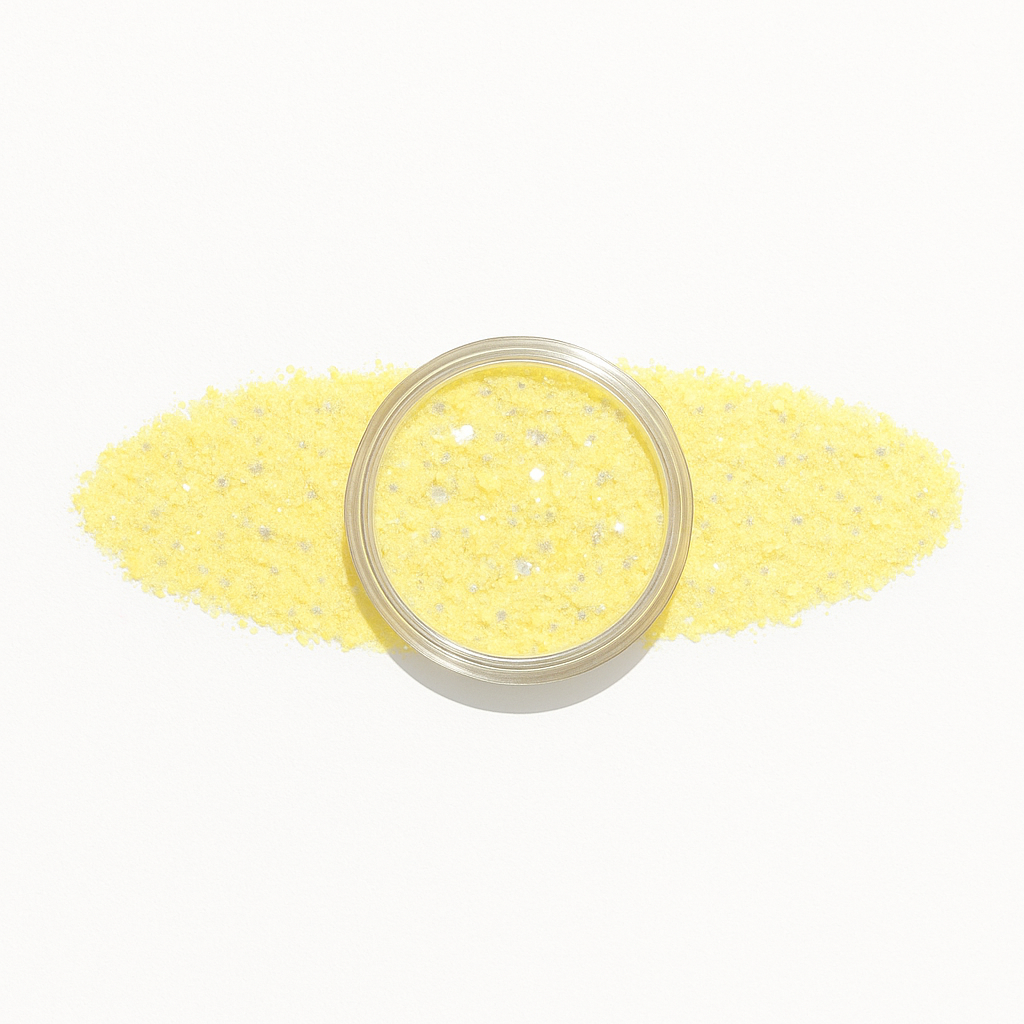 Ethereal – Ljusgul glittrande nyans med touch av guld / polygel – Högpigmenterat UV/LED-material för salonger – Nagelfärgvisning (nail swatch)