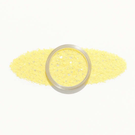 Ethereal – Ljusgul glittrande nyans med touch av guld / polygel – Högpigmenterat UV/LED-material för salonger – Nagelfärgvisning (nail swatch)