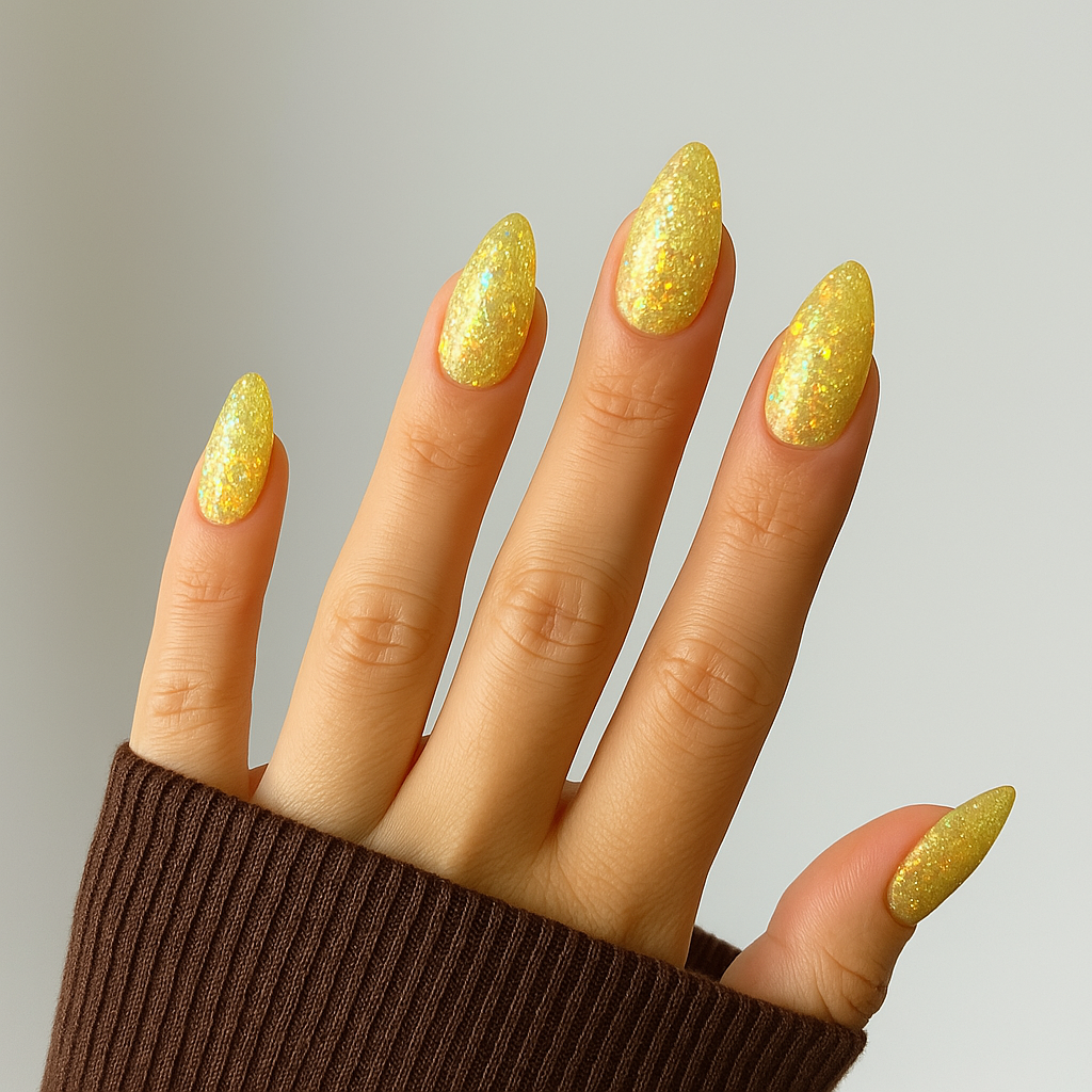 Ethereal – Ljusgul glittrande nyans med touch av guld / polygel på modellhand – Salongskvalitet UV/LED-polygel – Mandel-formade naglar