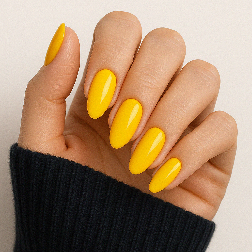 Solrosgul – Flare – Solrosgul nyans som fångar livfullheten i blomstrande solrosor / dipping-pulver-powder-akryl-pulver på modellhand – Salongskvalitet material – Mandel-formade naglar