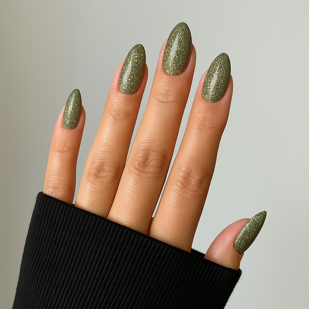 Olivgrön – Frolic – Olivgrön underton med glittrig finish på modellhand / dipping-pulver-powder-akryl-pulver – Salongskvalitet material – Mandel-formade naglar