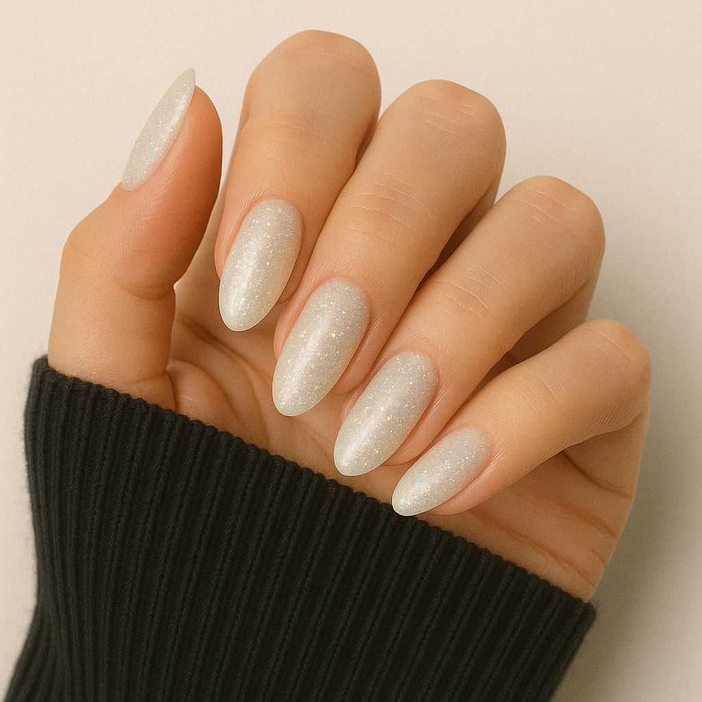 Frosty White – Glittrig vit / skimrande vitt gellack / gel polish på modellhand – Salongskvalitet UV/LED-nagellack – Mandel-formade naglar