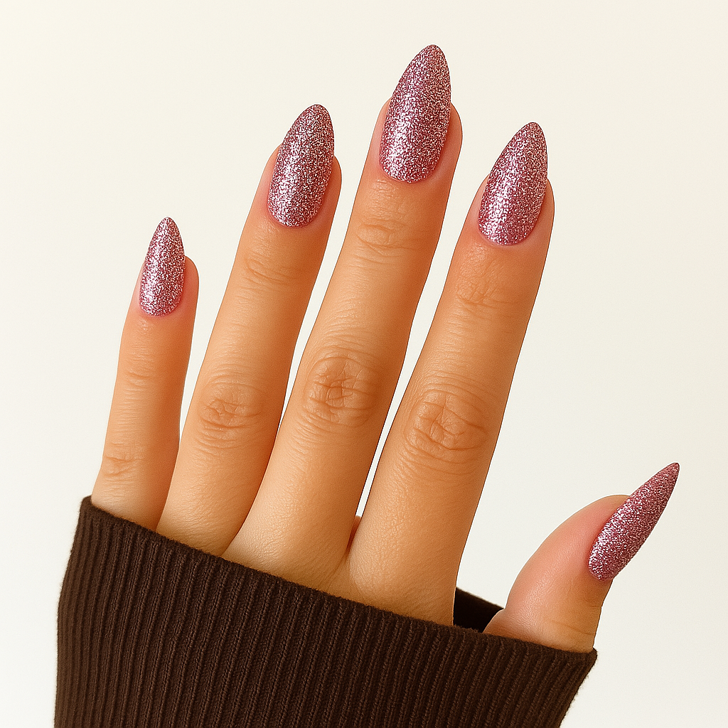 Magenta – Glam – Skimrande magenta nyans med reflekterande glitter som ger naglarna en lysande och iögonfallande touch / dipping-pulver-powder-akryl-pulver på modellhand – Salongskvalitet material – Mandel-formade naglar