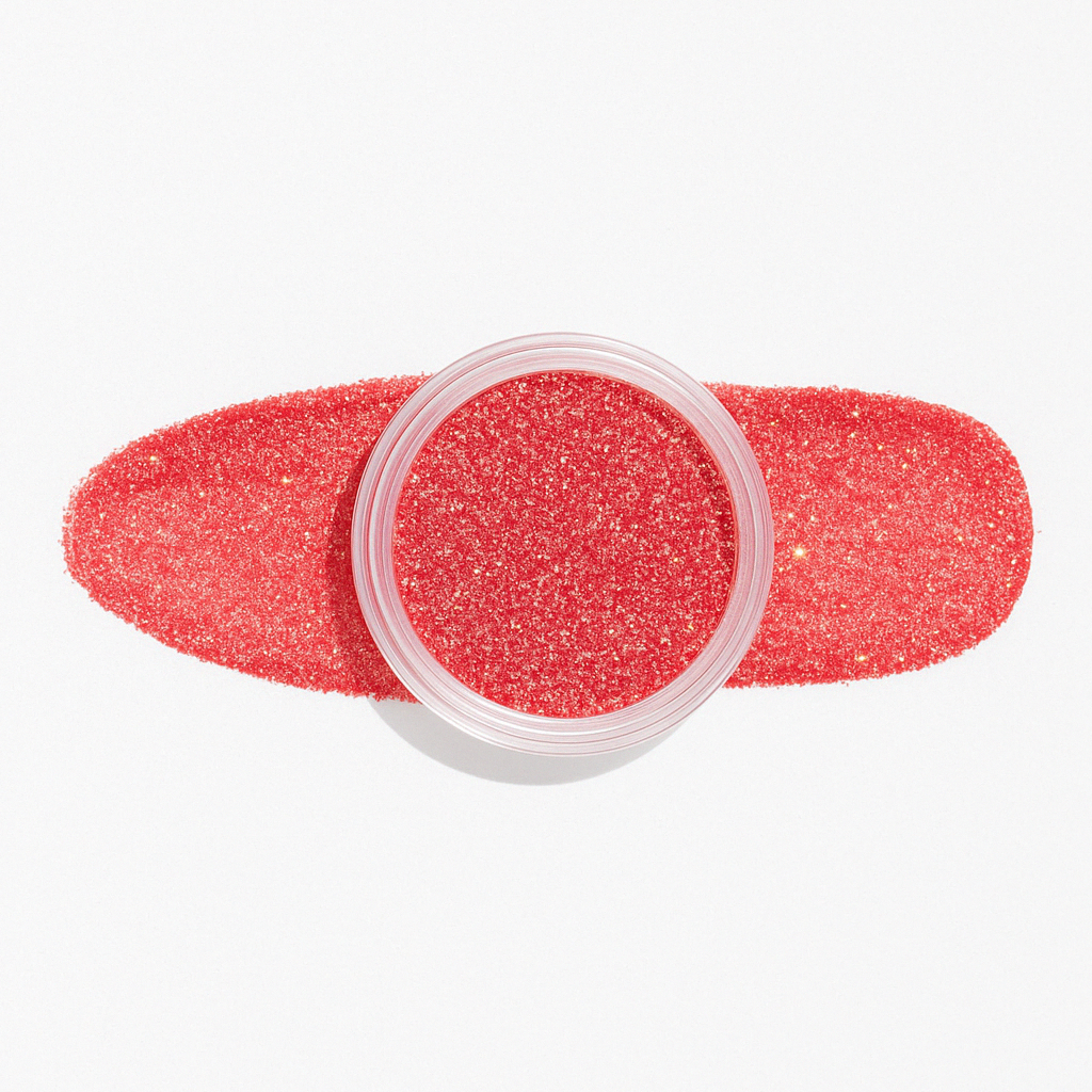 Korallröd – Glittrande korallrött puder med gyllene skimmer / dipping-pulver-powder-akryl-pulver – Högpigmenterat material för salonger – Nagelfärgvisning (nail swatch)