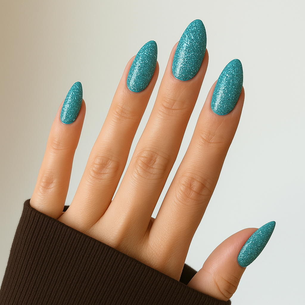 Laguneblå – Glittrande laguneblå nyans med skimrande glitterreflexer / polygel på modellhand – Salongskvalitet UV/LED-polygel – Mandel-formade naglar