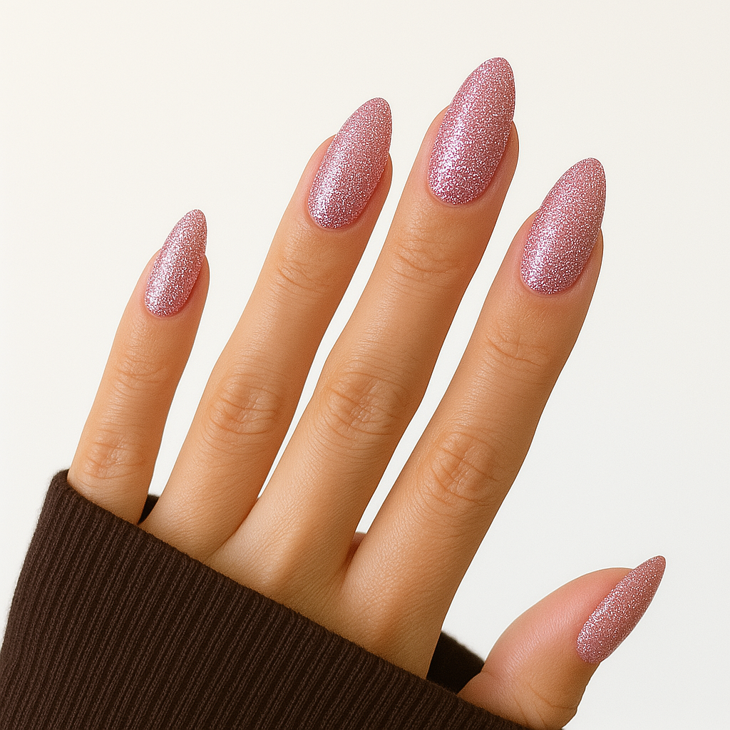 Lavendellila – Glittrande lavendellila nyans med fint silverskimmer / polygel på modellhand – Salongskvalitet UV/LED-polygel – Mandel-formade naglar