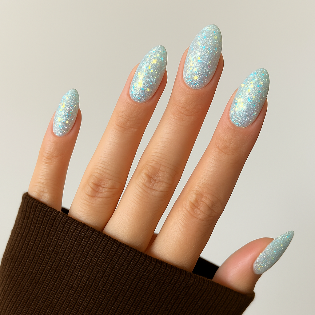 Ljusblå – Glittrande ljusblå nyans med finstämda glitterreflexer / polygel på modellhand – Salongskvalitet UV/LED-polygel – Mandel-formade naglar