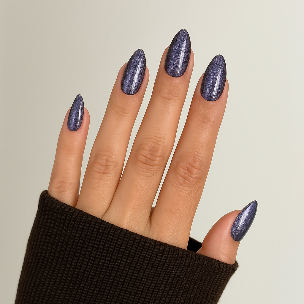 Mörkblå – Glittrande mörkblå nyans med djup, mystiskt skimmer / polygel på modellhand – Salongskvalitet UV/LED-polygel – Mandel-formade naglar
