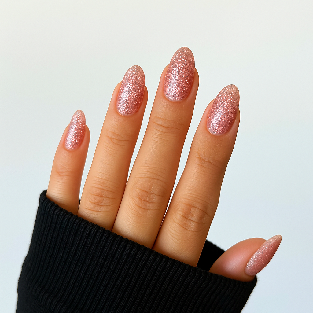 Roséguld – Glittrande roséguldig nyans med finfördelat skimmer / polygel på modellhand – Salongskvalitet UV/LED-polygel – Mandel-formade naglar