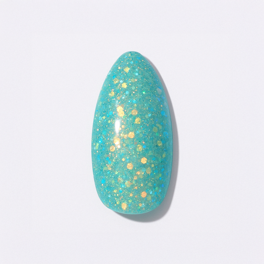 Glittrande teal – Djup havston med skimrande glitterreflexer / polygel – Högpigmenterat UV/LED-material för salonger – Nagelfärgvisning (nail swatch)