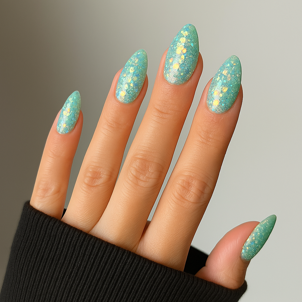 Glittrande teal – Djup havston med skimrande glitterreflexer / polygel på modellhand – Salongskvalitet UV/LED-polygel – Mandel-formade naglar