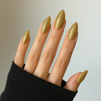 Golden Glitter – Guld med glitter / glittrigt gellack / gel polish på modellhand – Salongskvalitet UV/LED-nagellack – Mandel-formade naglar