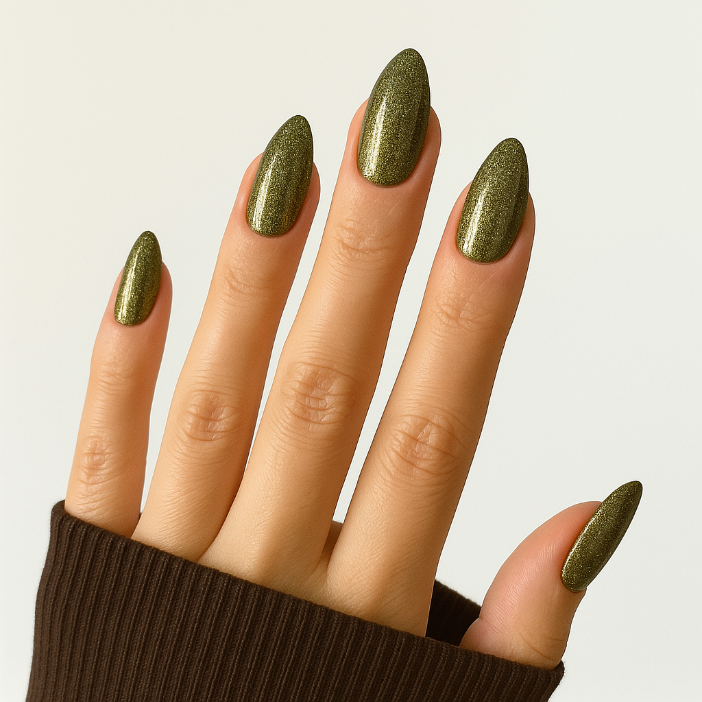 Golden Olive – Glittrigt olivgrönt gellack / gel polish på modellhand – Salongskvalitet UV/LED-nagellack – Mandel-formade naglar