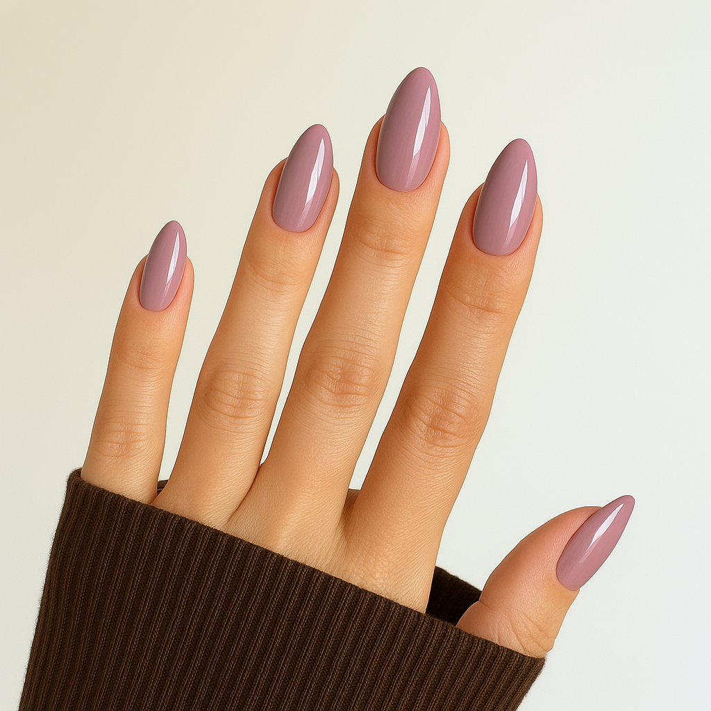 Grace – Neutral mauve med hint av rosa / elegant gellack / gel polish på modellhand – Salongskvalitet UV/LED-nagellack – Mandel-formade naglar