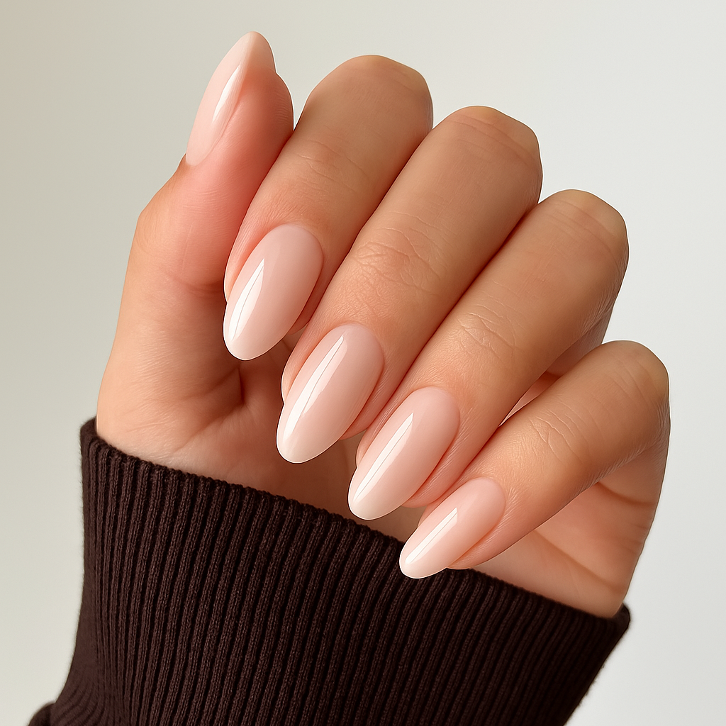 Neutral rosa – Himmel – Ljus neutral rosa nyans som är raffinerad och sofistikerad på modellhand / dipping-pulver-powder-akryl-pulver – Salongskvalitet material – Mandel-formade naglar
