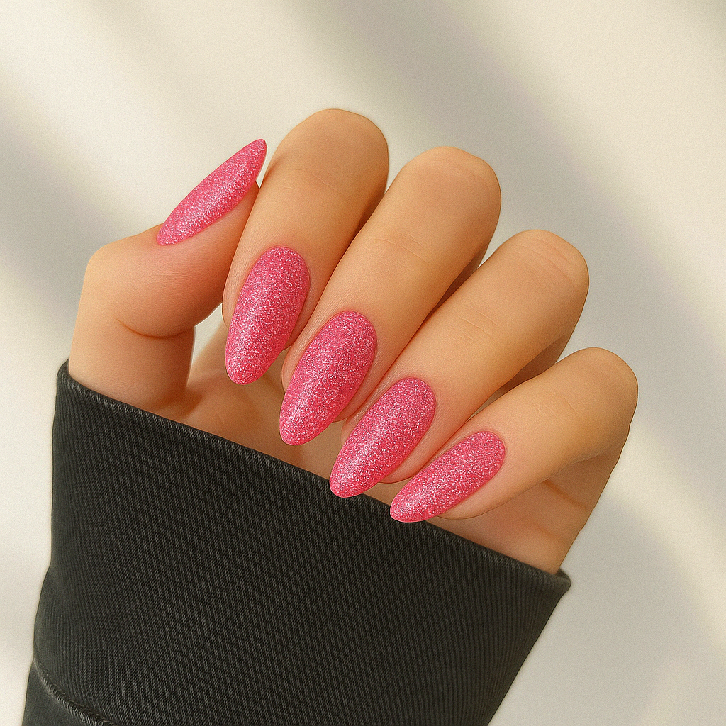 Bubbelgumsrosa – Intensiv bubbelgumsrosa nyans med glittrande skimmer / polygel på modellhand – Salongskvalitet UV/LED-polygel – Mandel-formade naglar
