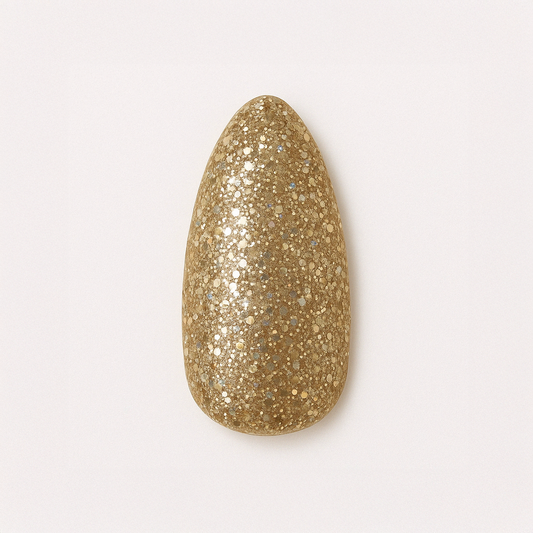 Guld – Intensiv guldig glitternyans med stora och små skimrande partiklar / polygel – Högpigmenterat UV/LED-material för salonger – Nagelfärgvisning (nail swatch)