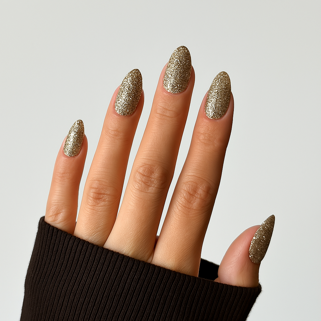 Guld – Intensiv guldig glitternyans med stora och små skimrande partiklar / polygel på modellhand – Salongskvalitet UV/LED-polygel – Mandel-formade naglar