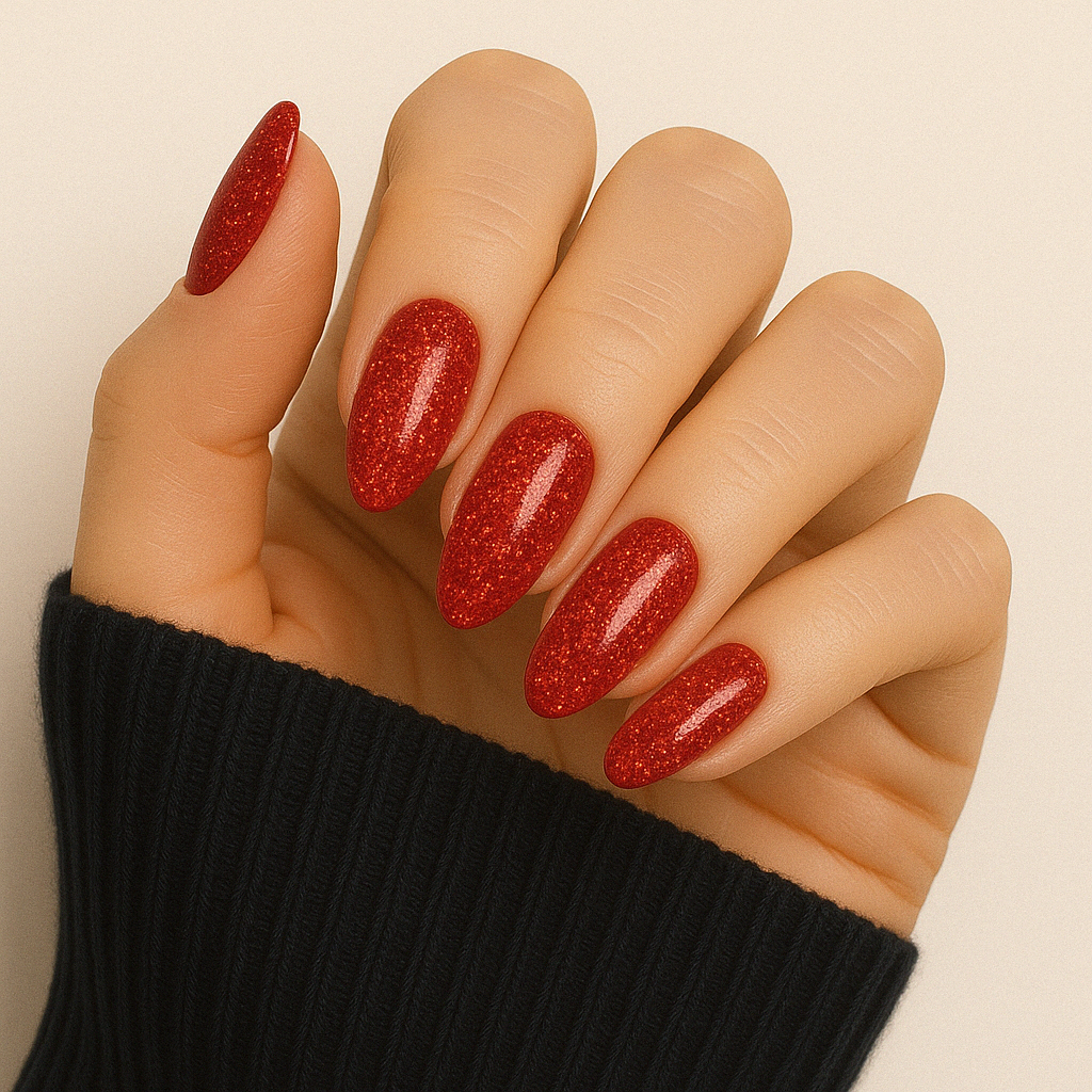 Intensiv röd – Röd nyans med gnistrande glitter / polygel på modellhand – Salongskvalitet UV/LED-polygel – Mandel-formade naglar