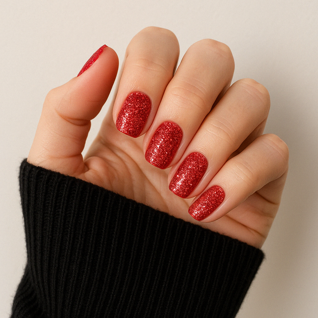 Rubinröd – Intensiv rubinröd nyans med subtilt guldglitter / polygel på modellhand – Salongskvalitet UV/LED-polygel – Mandel-formade naglar