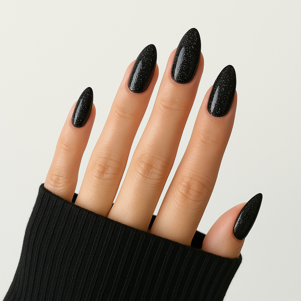 Djupsvart – Intensivt svart med högblank, glaslik finish / polygel på modellhand – Salongskvalitet UV/LED-polygel – Mandel-formade naglar