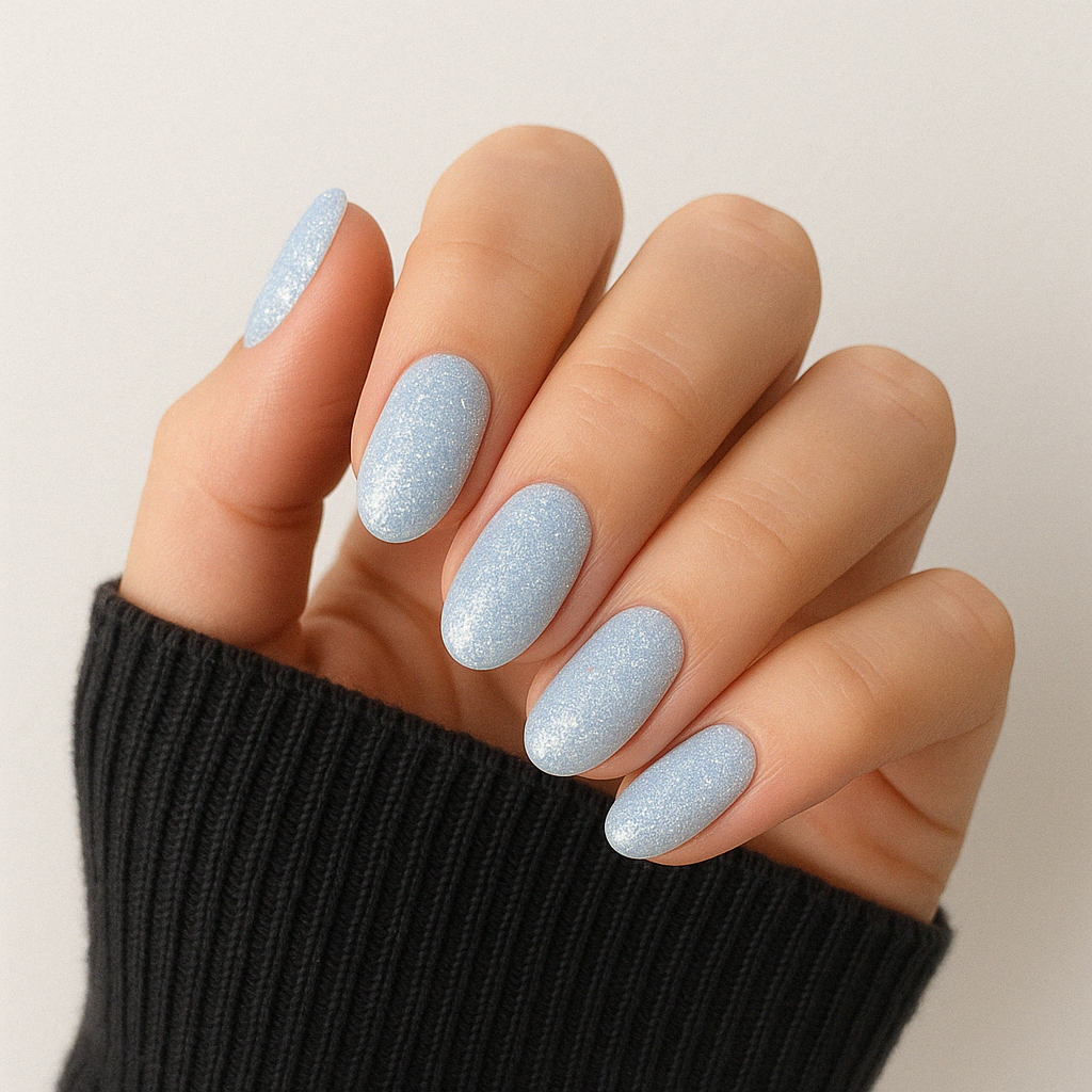 Isblå – Isblå nyans med intensivt holografiskt glitter / polygel på modellhand – Salongskvalitet UV/LED-polygel – Mandel-formade naglar