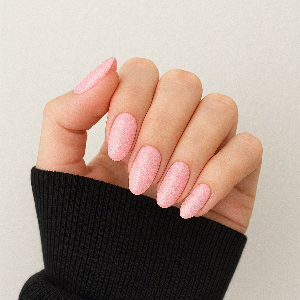 Joydrop – Flerfärgat med mjuka pastelltoner och prickig glitterfinish / glittrigt gellack / gel polish på modellhand – Salongskvalitet UV/LED-nagellack – Mandel-formade naglar