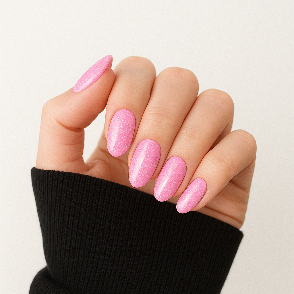 Godisrosa – Klar, godisrosa nyans med fint skimrande glitter / polygel på modellhand – Salongskvalitet UV/LED-polygel – Mandel-formade naglar