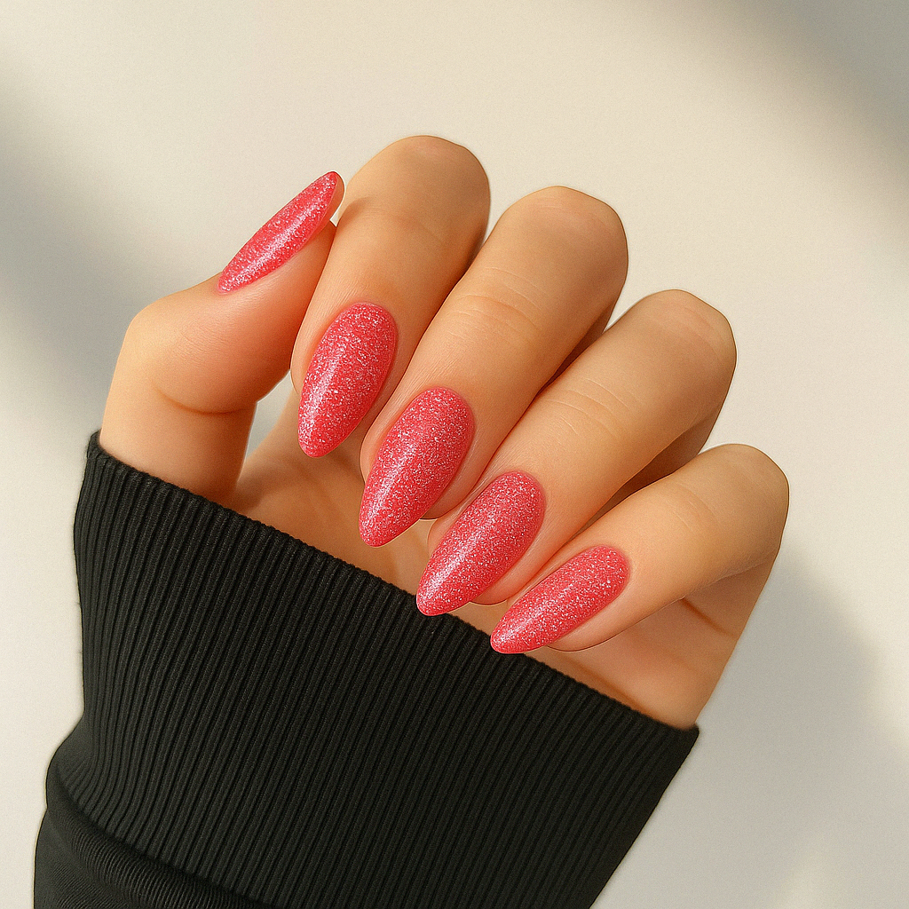 Hallonrosa – Klar hallonrosa bas fylld med färgsprakande glitter / polygel på modellhand – Salongskvalitet UV/LED-polygel – Mandel-formade naglar