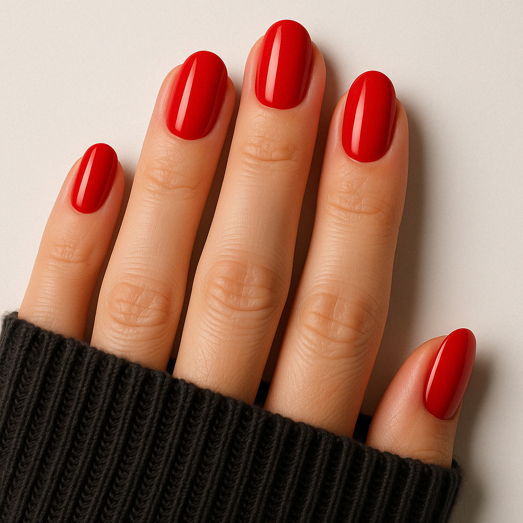 Klassisk röd – Intensiv röd nyans som utstrålar självförtroende, passion och tidlös elegans / polygel på modellhand – Salongskvalitet UV/LED-polygel – Mandel-formade naglar