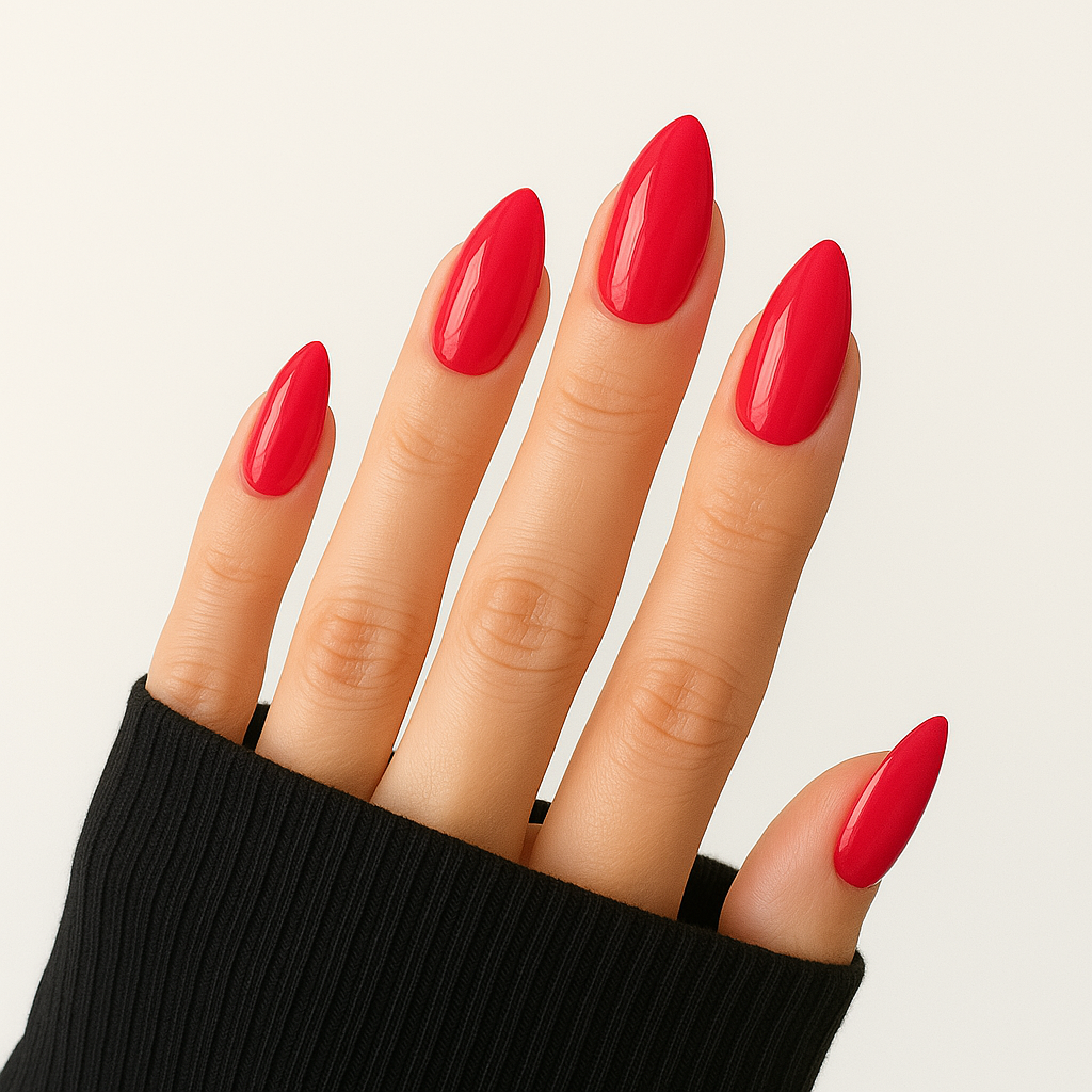 Klassisk röd – Djup intensiv röd nyans / polygel på modellhand – Salongskvalitet UV/LED-polygel – Mandel-formade naglar