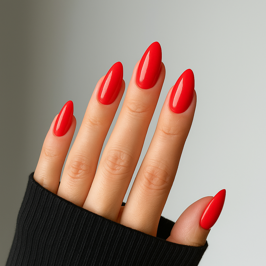 Röd – Klassisk röd nagelnyans med en lätt genomskinlig effekt som ger djup och glans / dipping-pulver-powder-akryl-pulver på modellhand – Salongskvalitet material – Mandel-formade naglar