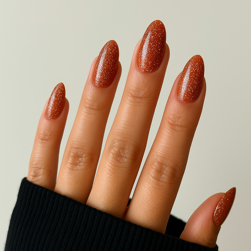 Kopparglitter – Gnistrande, varm nyans med intensiva kopparskiftningar / polygel på modellhand – Salongskvalitet UV/LED-polygel – Mandel-formade naglar