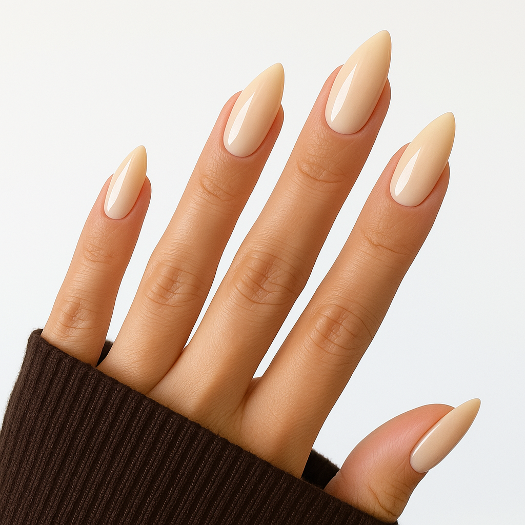 Krämig beige – Beige med varm underton / polygel på modellhand – Salongskvalitet UV/LED-polygel – Mandel-formade naglar