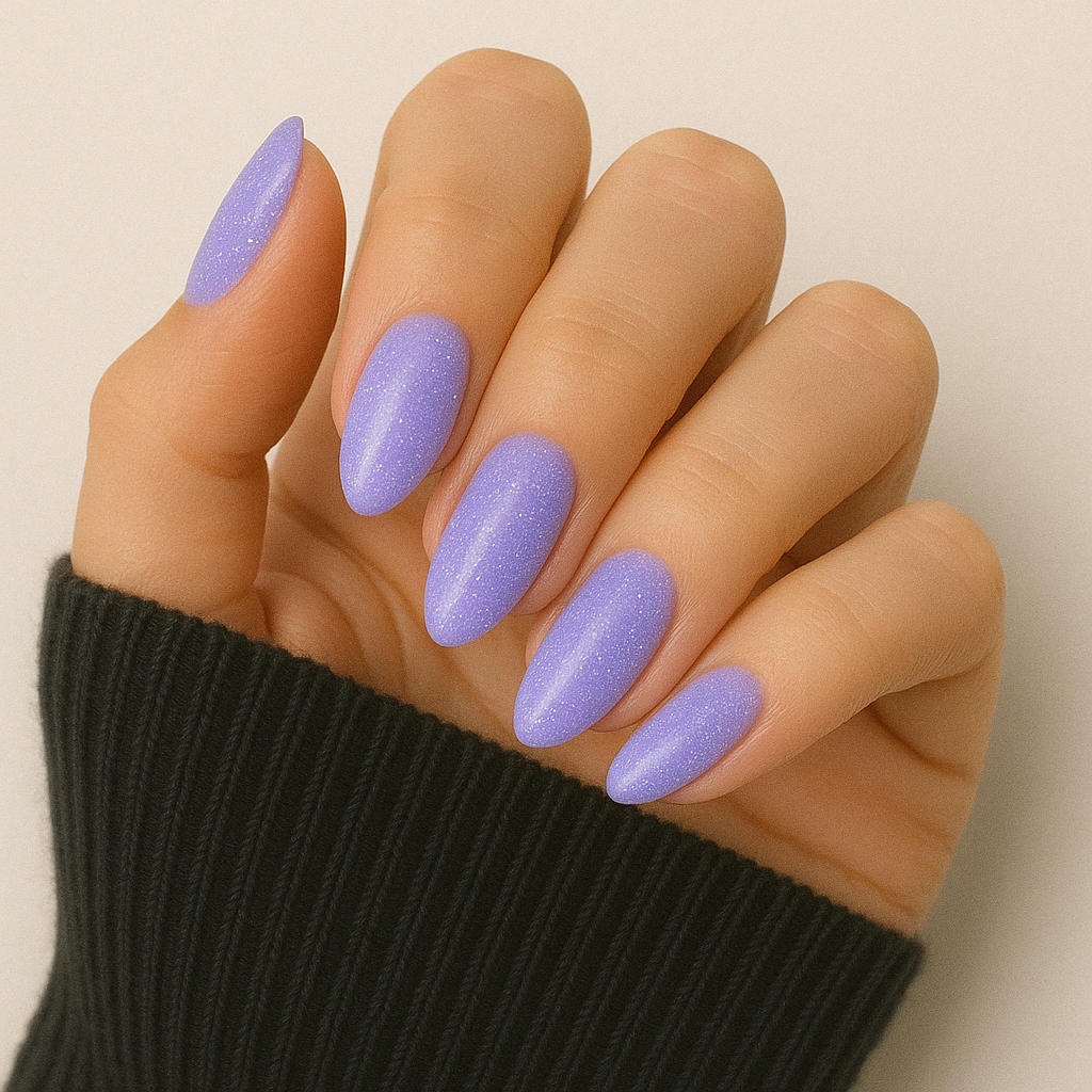 Lavendellila – Glittrande lavendellila nyans med silverskimmer / polygel på modellhand – Salongskvalitet UV/LED-polygel – Mandel-formade naglar