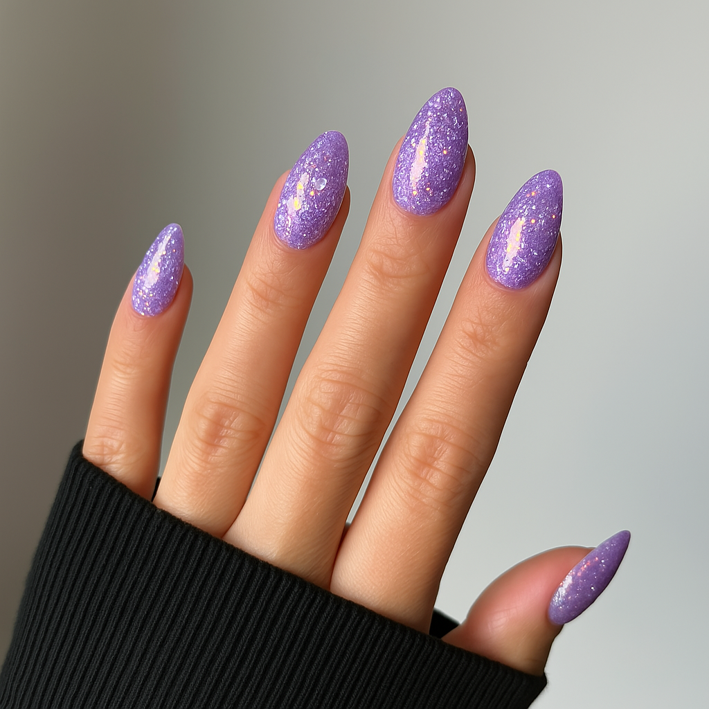 Lavender Glitter – Lavendel med glitter / glittrigt gellack / gel polish på modellhand – Salongskvalitet UV/LED-nagellack – Mandel-formade naglar