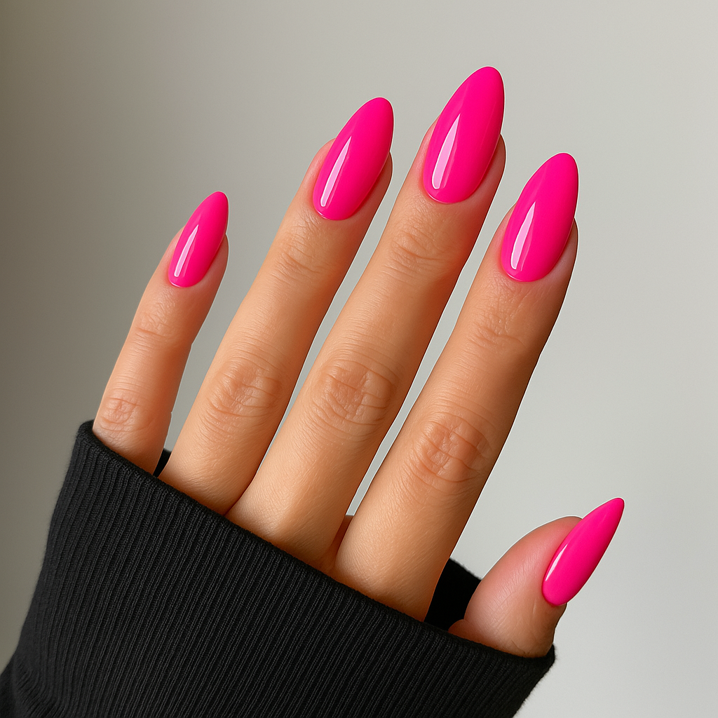 Chockrosa – Livlig och intensiv chockrosa nyans med blank finish / polygel på modellhand – Salongskvalitet UV/LED-polygel – Mandel-formade naglar