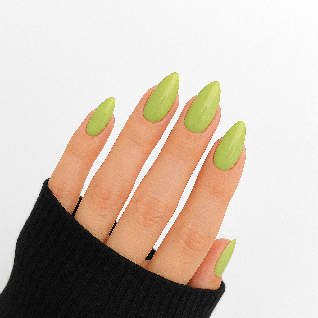 Grön – Livlig och klar grön nyans med blank finish / polygel på modellhand – Salongskvalitet UV/LED-polygel – Mandel-formade naglar