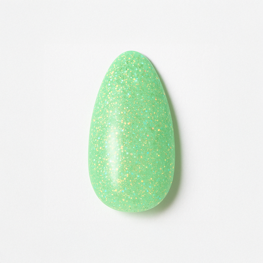 Mintgrön – Livlig mintgrön nyans med glittrande guld- och regnbågsskimmer / polygel – Högpigmenterat UV/LED-material för salonger – Nagelfärgvisning (nail swatch)