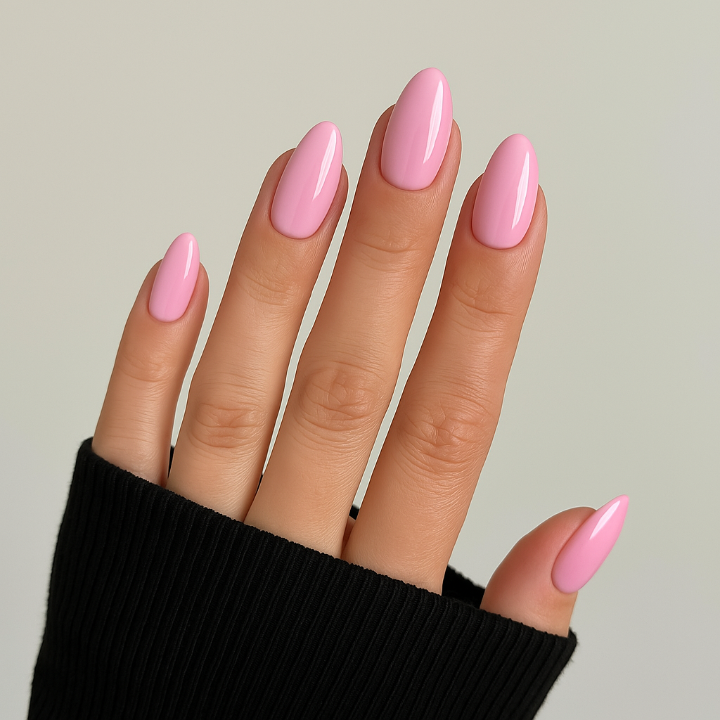 Pastellila – Ljus pastellila nyans med mjuk glans / polygel på modellhand – Salongskvalitet UV/LED-polygel – Mandel-formade naglar