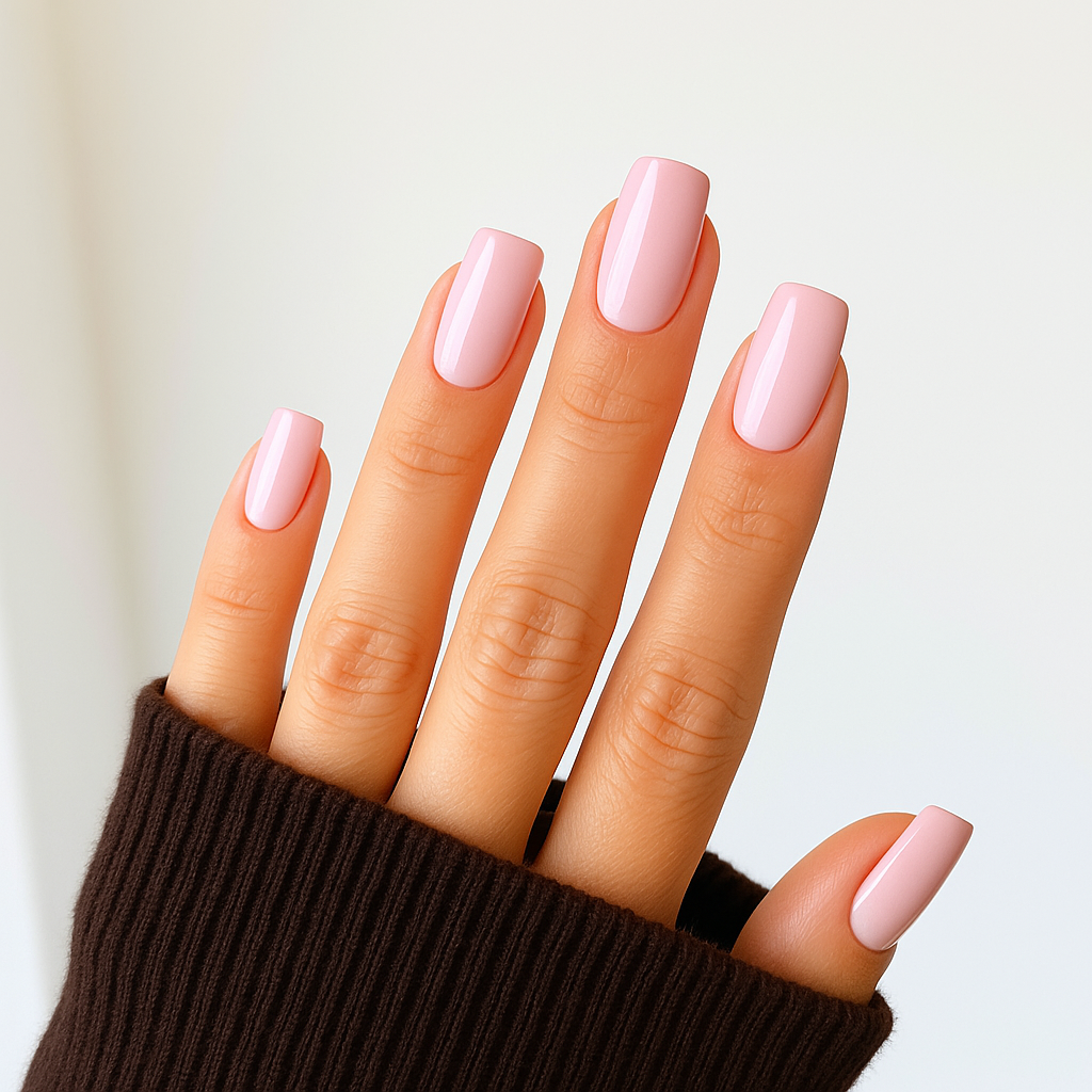 Ljus pastellrosa – Mjuk pastellrosa nyans med blank finish / polygel på modellhand – Salongskvalitet UV/LED-polygel – Mandel-formade naglar
