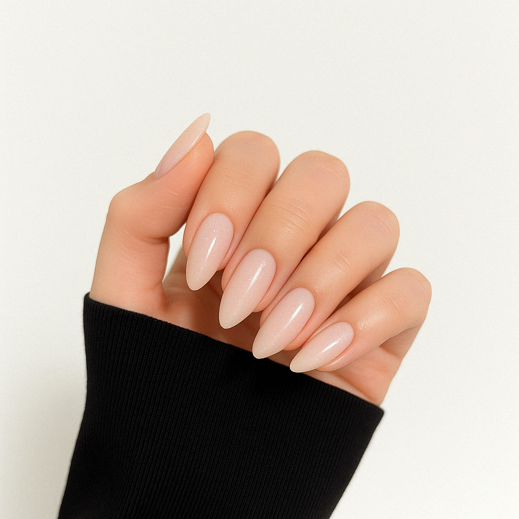 Puderrosa – Ljus puderrosa nyans med subtilt pärlskimmer / polygel på modellhand – Salongskvalitet UV/LED-polygel – Mandel-formade naglar