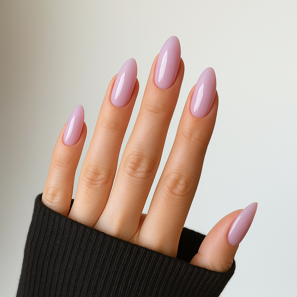 Pudrig rosa – Ljus och pudrig rosanyans med silkeslen glans / polygel på modellhand – Salongskvalitet UV/LED-polygel – Mandel-formade naglar