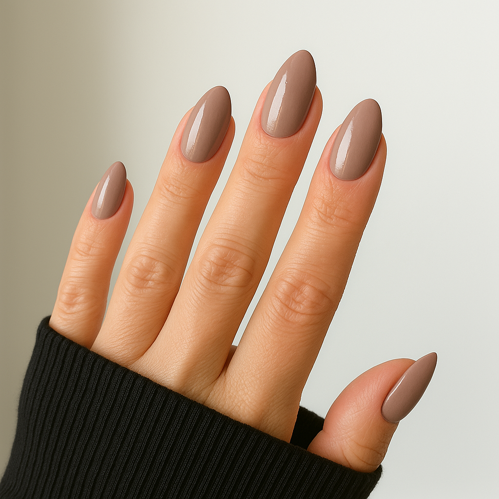 Ljusbrun – Ljusbrun nyans med varm underton / polygel på modellhand – Salongskvalitet UV/LED-polygel – Mandel-formade naglar