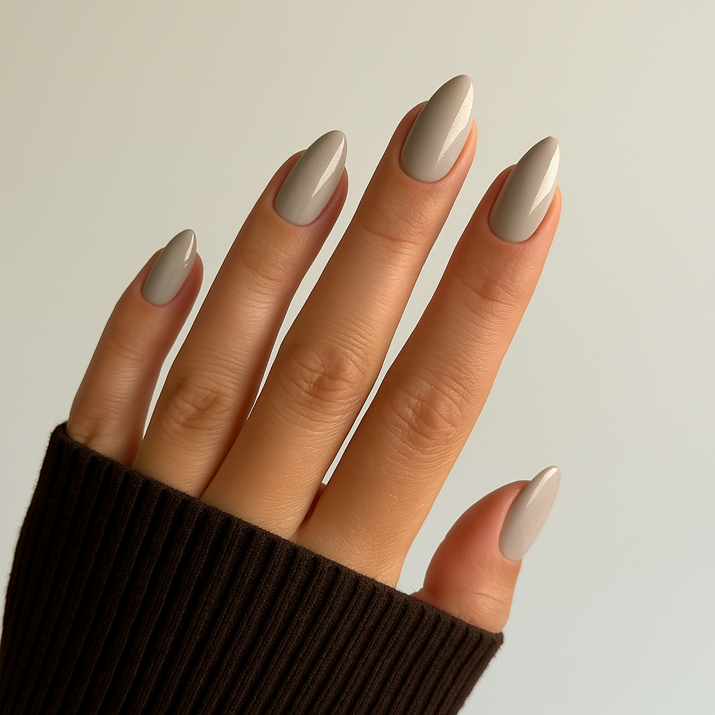 Ljusgrå med beige underton – Elegant och mångsidigt gellack / gel polish på modellhand – UV/LED-nagellack för salonger – Mandel-formade naglar
