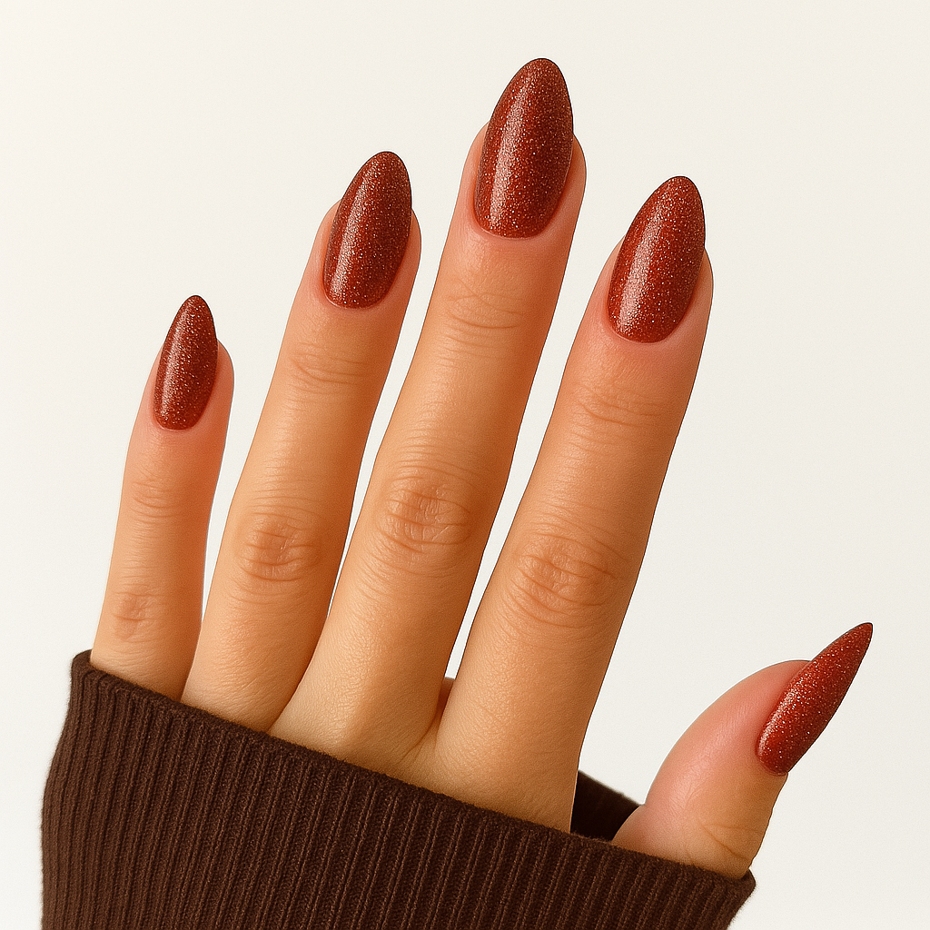 Vinröd – Maroon – Vinröd nyans full av gnistrande holografiska partiklar som ger naglarna en glamorös touch / dipping-pulver-powder-akryl-pulver på modellhand – Salongskvalitet material – Mandel-formade naglar